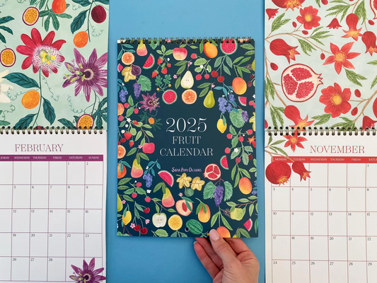 2025 Fruit Calendar, hand drawings of fruiting flowers by Sofia Papa.