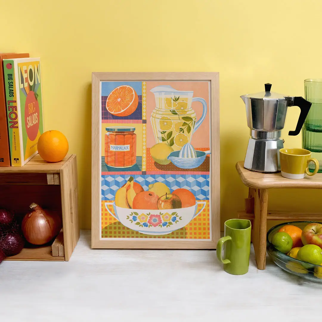 A vibrant risograph oranges and lemons print