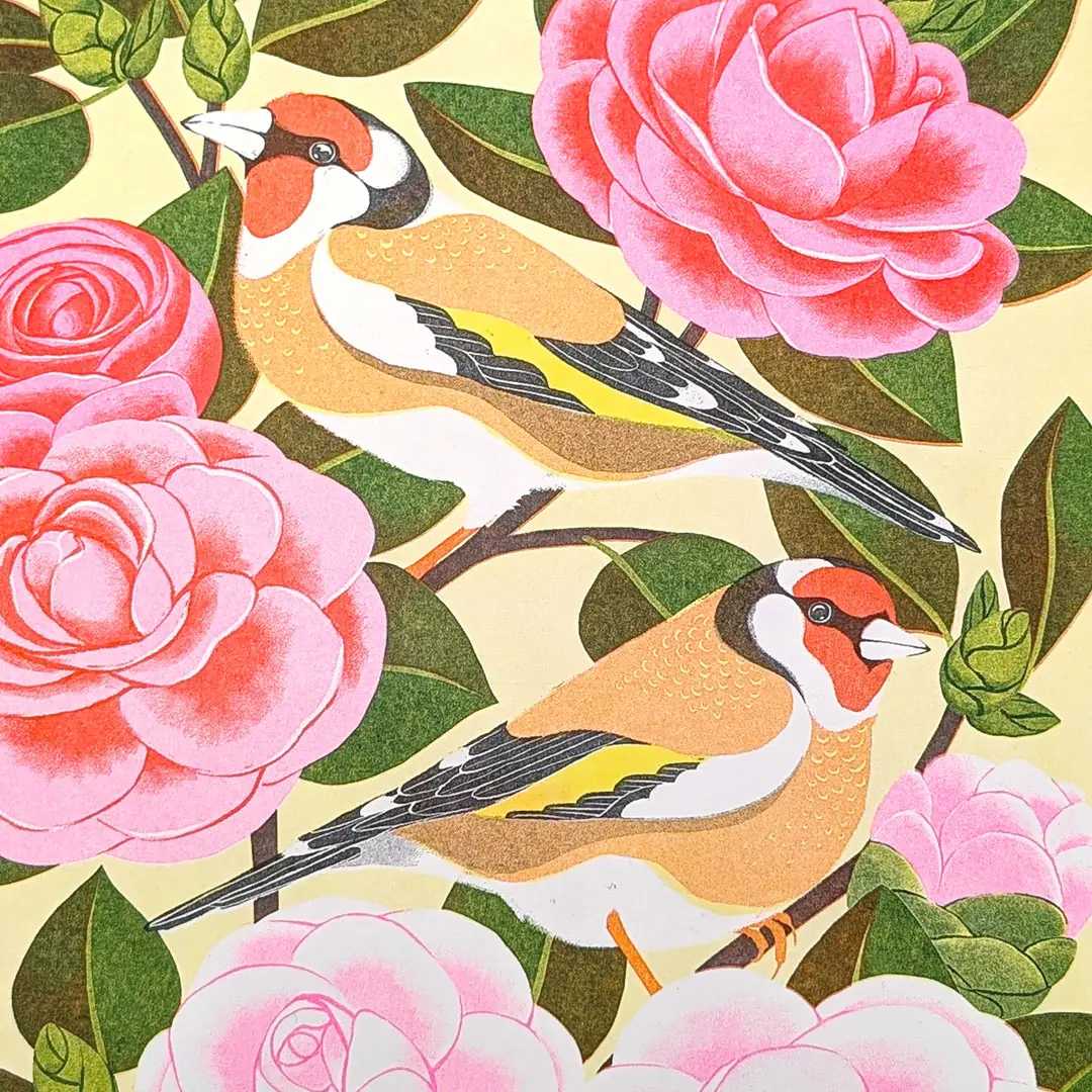 Risograph print of Camille and gold crest birds