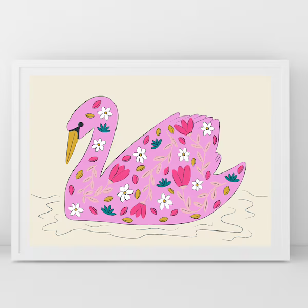 Framed artwork of a pink swan with floral patterns on a beige background