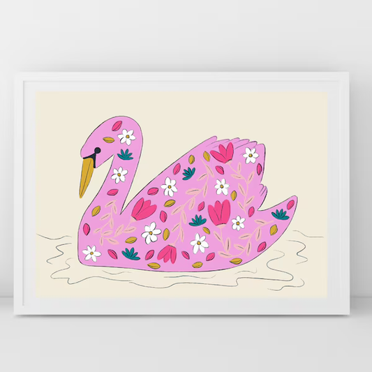 Framed artwork of a pink swan with floral patterns on a beige background