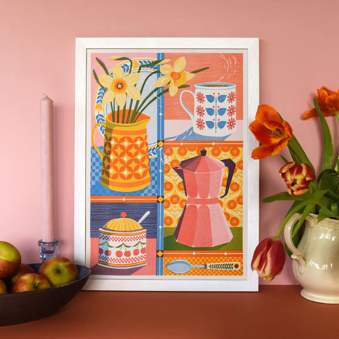 risograph print with vase of daffodils, French caffitiere and mug of coffee