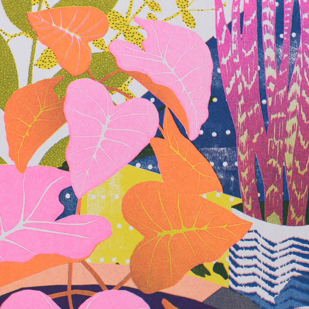 vibrant risogragh print of houseplants