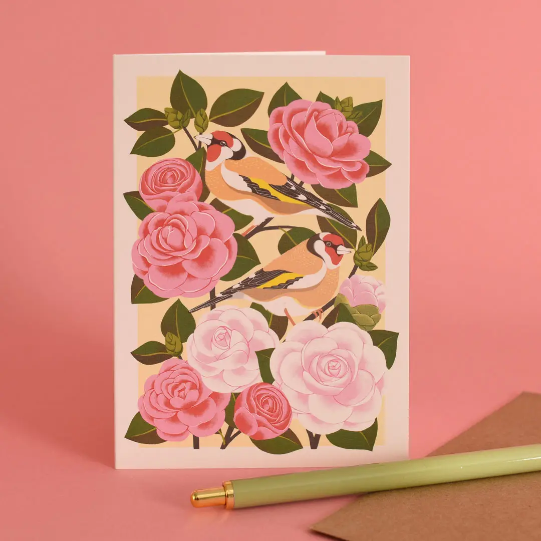 risograph print card Camille and gold crests