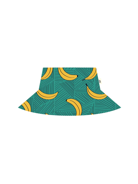 Bananas on Turquoise print bucket sun hat made from organic cotton jersey.