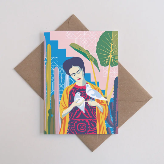 Frida Kahlo card holding 2 doves