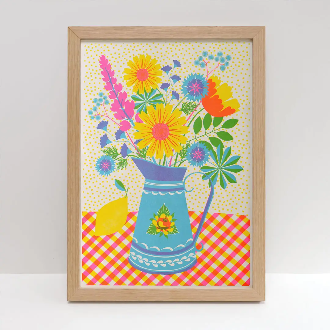 A3 Risograph print, flowers in jug bright colours