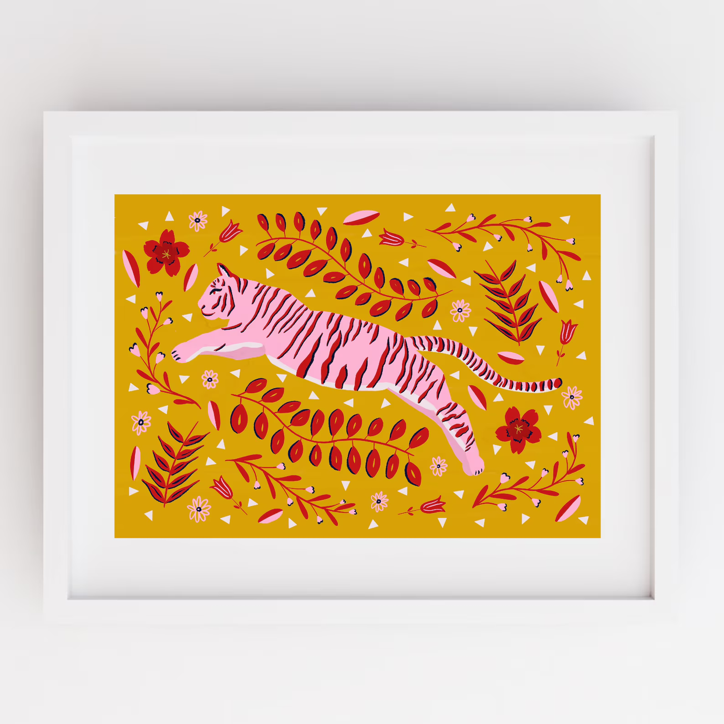 Pink Tiger on yellow background with foliage in red in folklore style print.