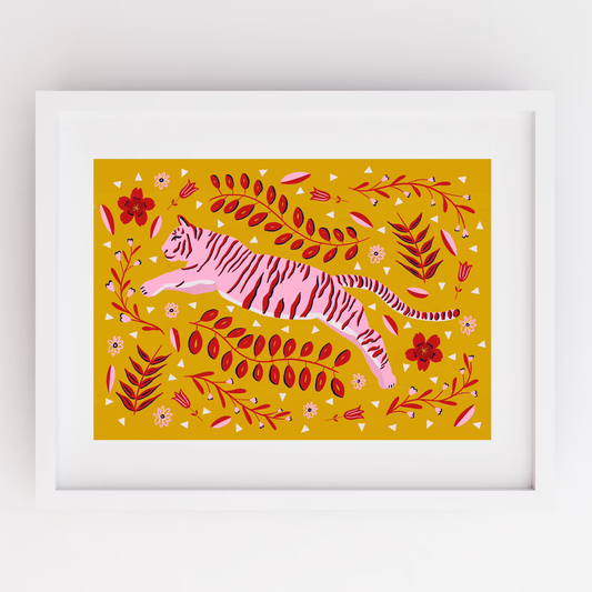 Pink Tiger on yellow background with foliage in red in folklore style print.