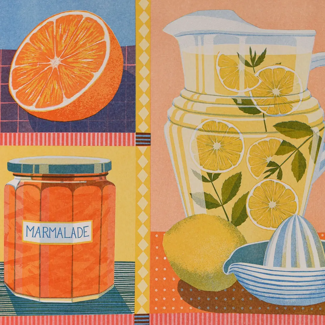 A vibrant risograph oranges and lemons print