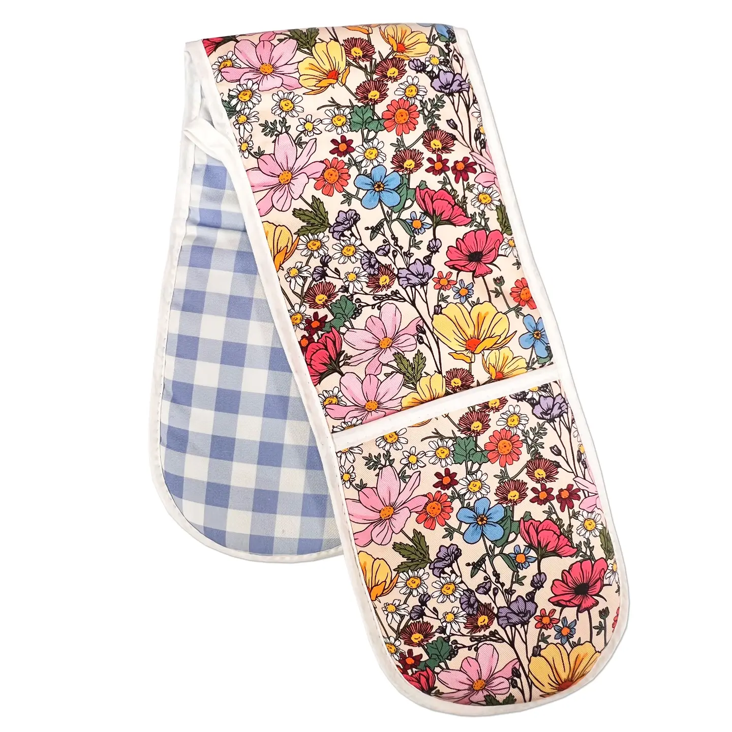 Double oven glove. Floral with gingham fabric. 100% Cotton. Made in the uK