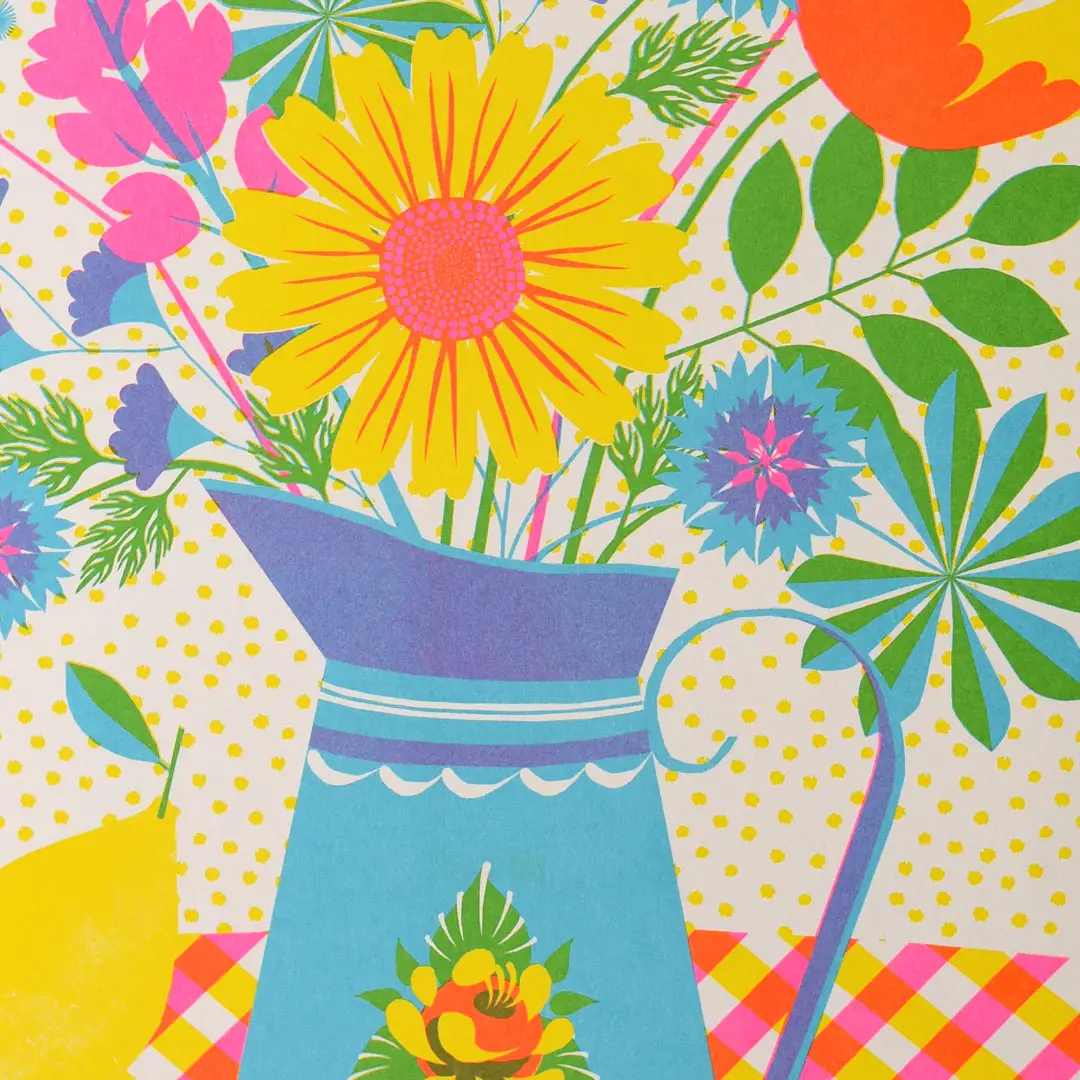 A3 Risograph print, flowers in jug bright colours