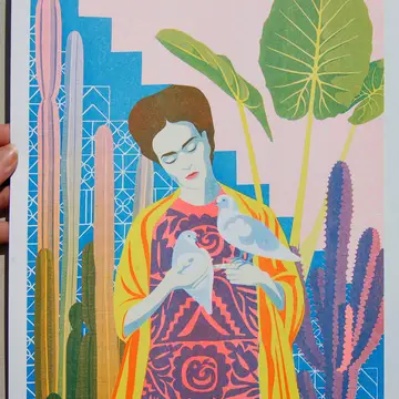 risograph print of Frida Kahlo holding doves