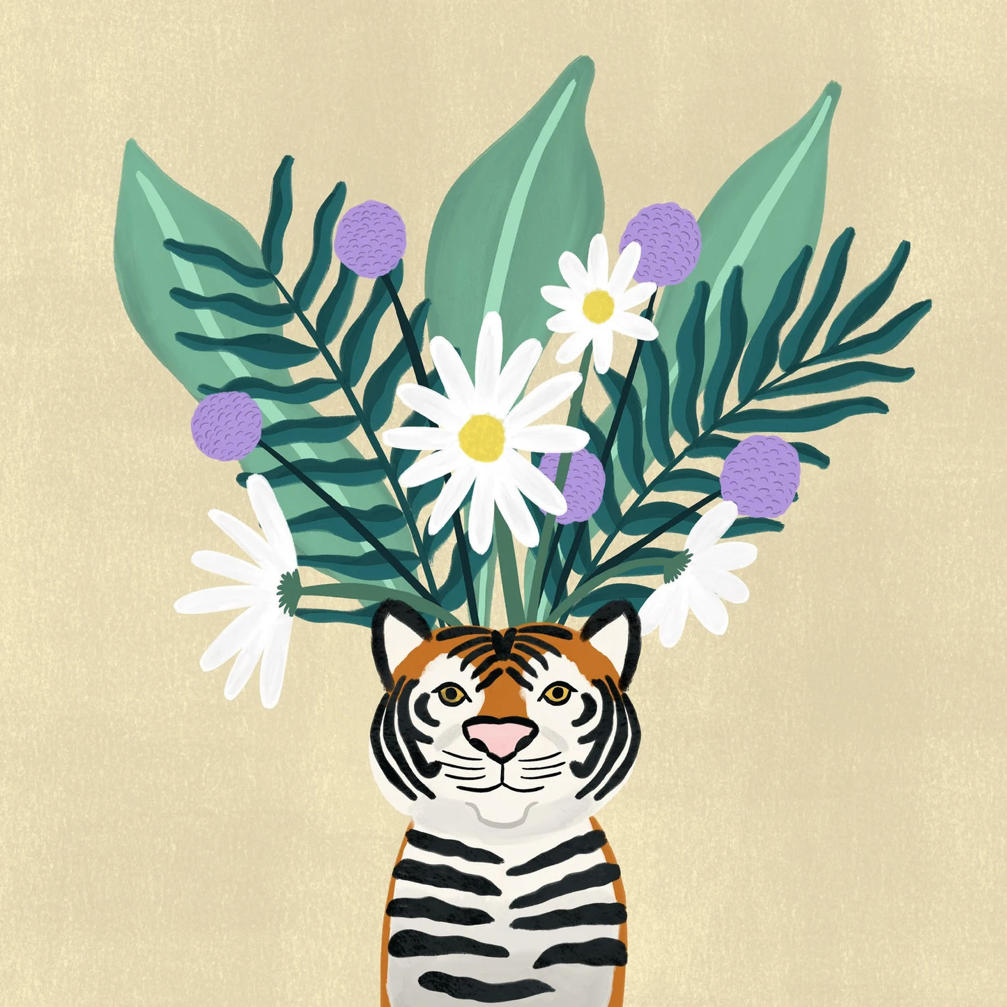 Illustration of a tiger with floral headband on beige background