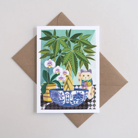 Risography print card with a money tree, orchid and lucky Cat.