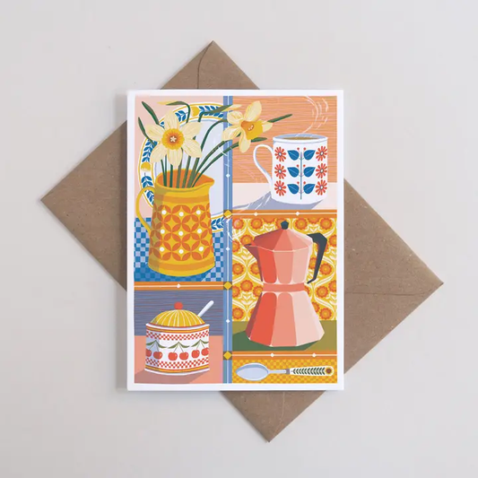 risograph card of coffee and daffodils