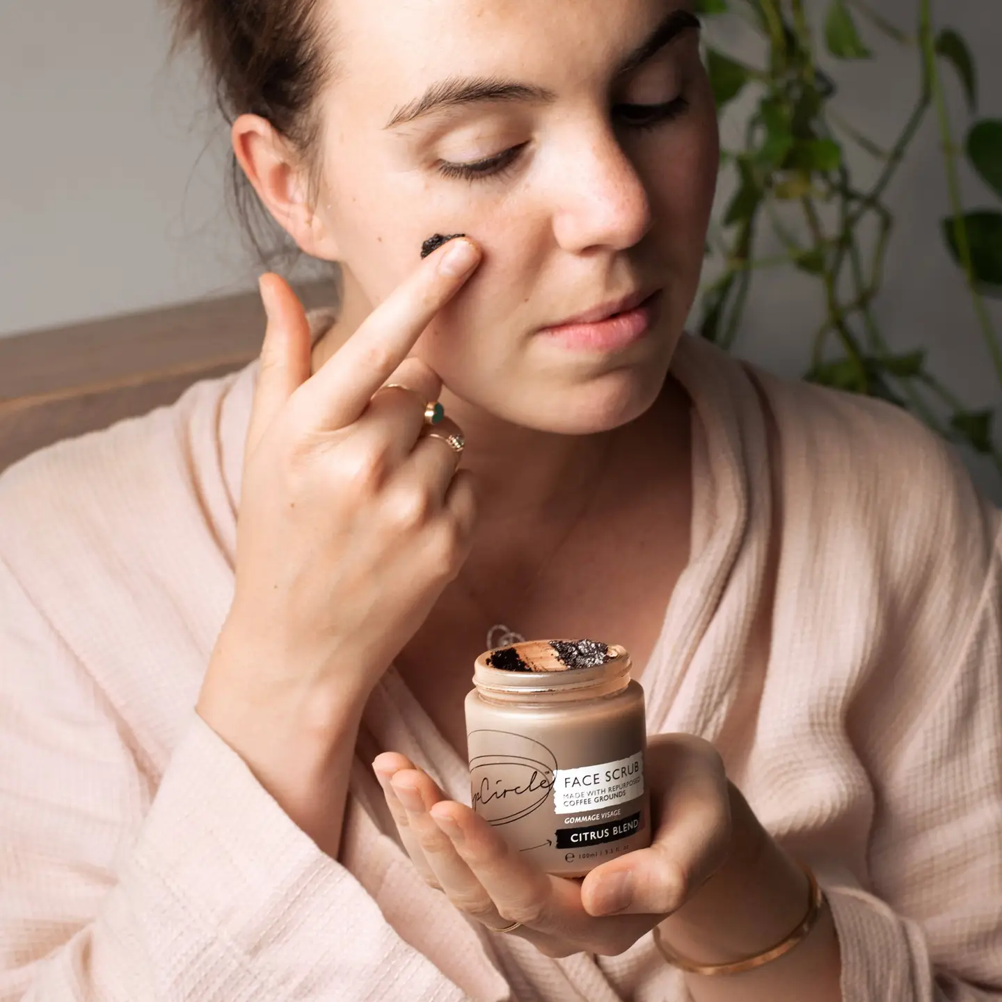 eco friendly and vegan face scrub made with repurposed coffee grounds.