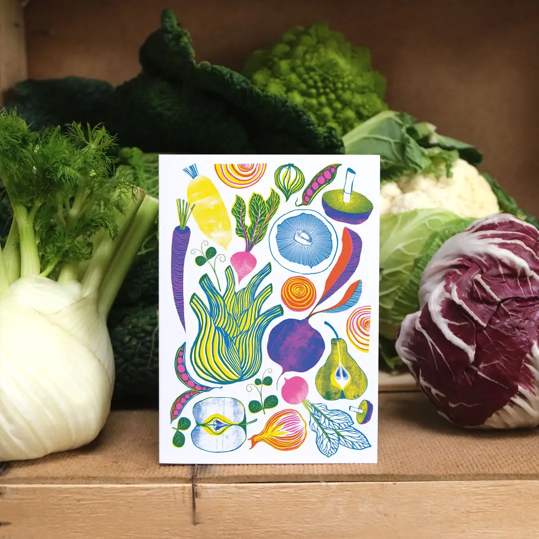 roots, shoots and fruits vibrant risograph print card