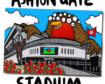 A4 sized print of Ashton Gate Stadium with robins and a giant robin with google eyes standing over the stadium.  Pen and ink drawing digitally coloured.