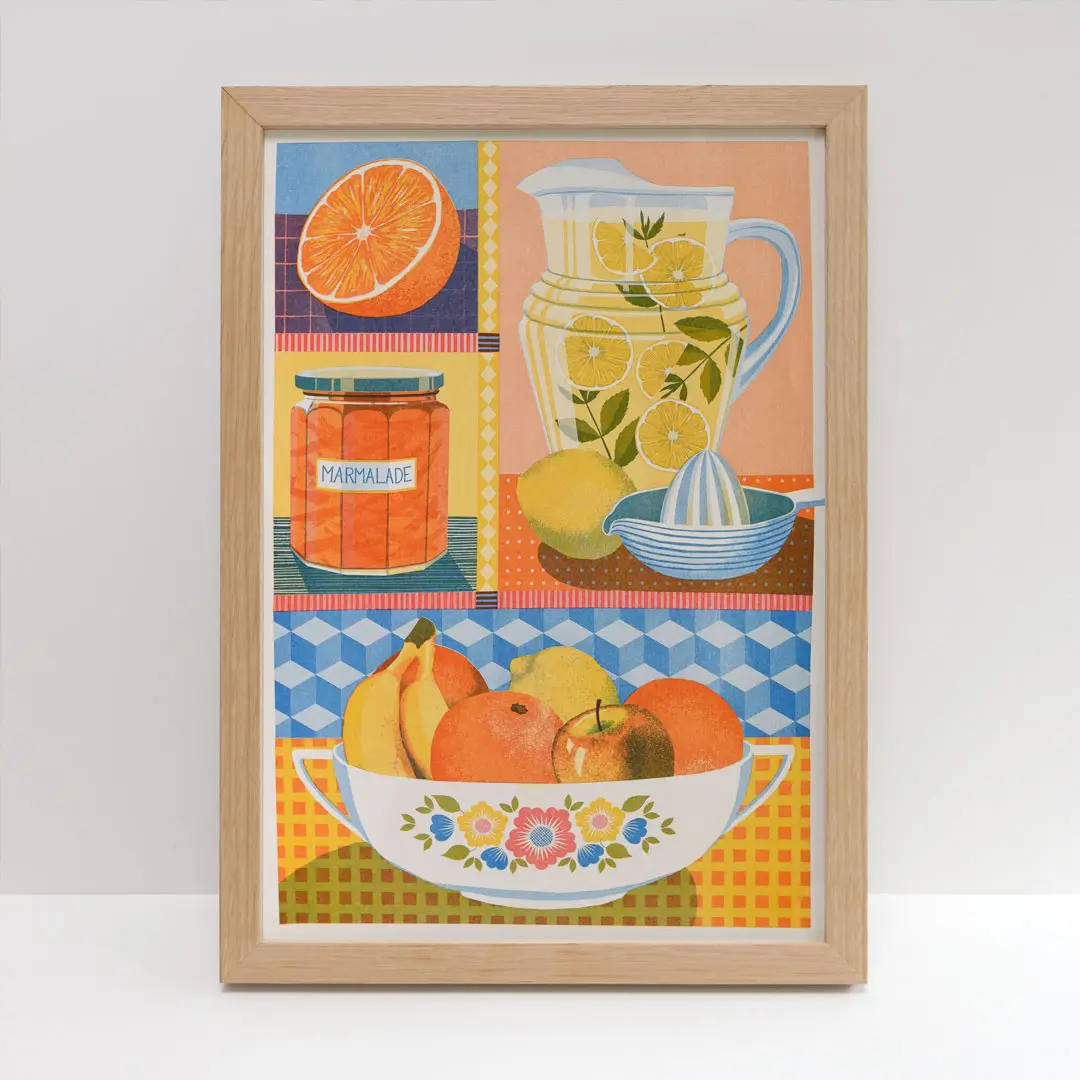 A vibrant risograph oranges and lemons print