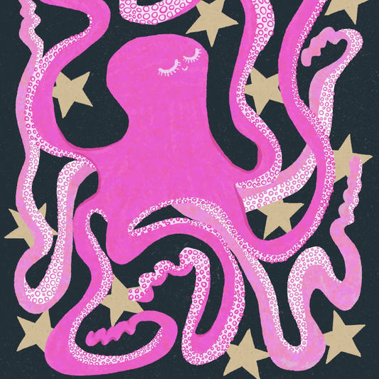 Pink octopus illustration with gold stars on a black background