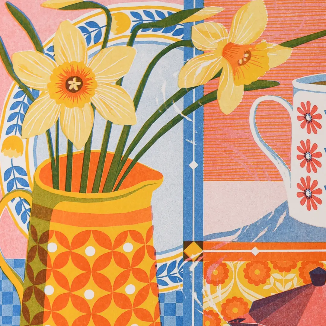 risograph print with vase of daffodils, French caffitiere and mug of coffee