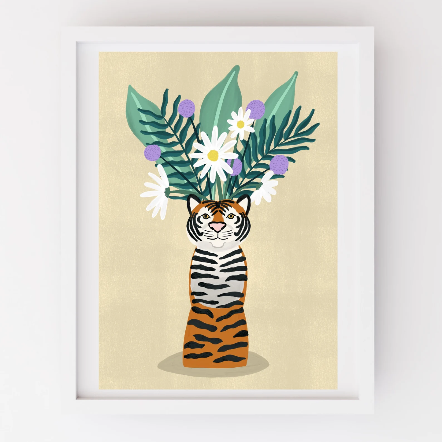 Illustration of a tiger holding a bouquet of flowers on a beige background