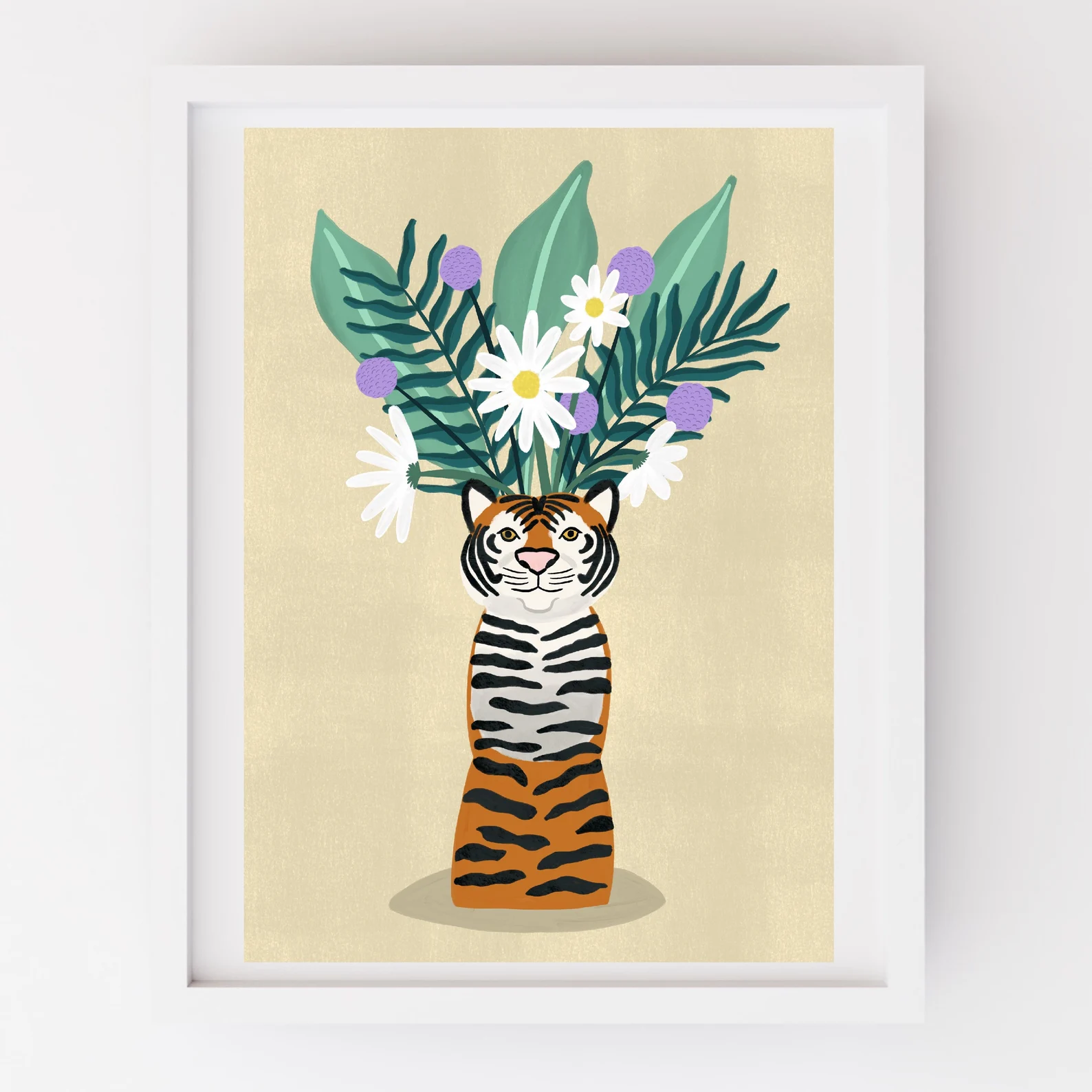 Illustration of a tiger holding a bouquet of flowers on a beige background
