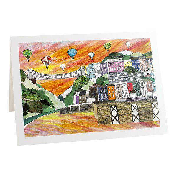 Bristol sunset with hotwells, suspension bridge and balloons.  Card blank inside.