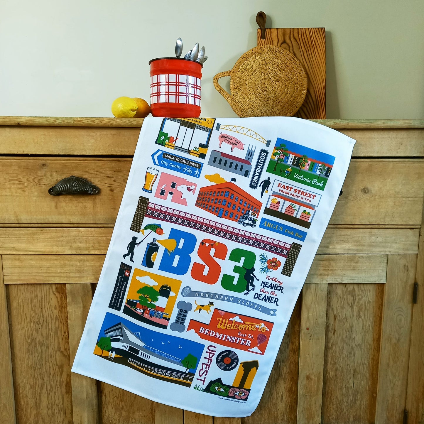 Colourful Tea Towel, featuring well known buildings, parks and venues in BS3 in Bristol, UK.