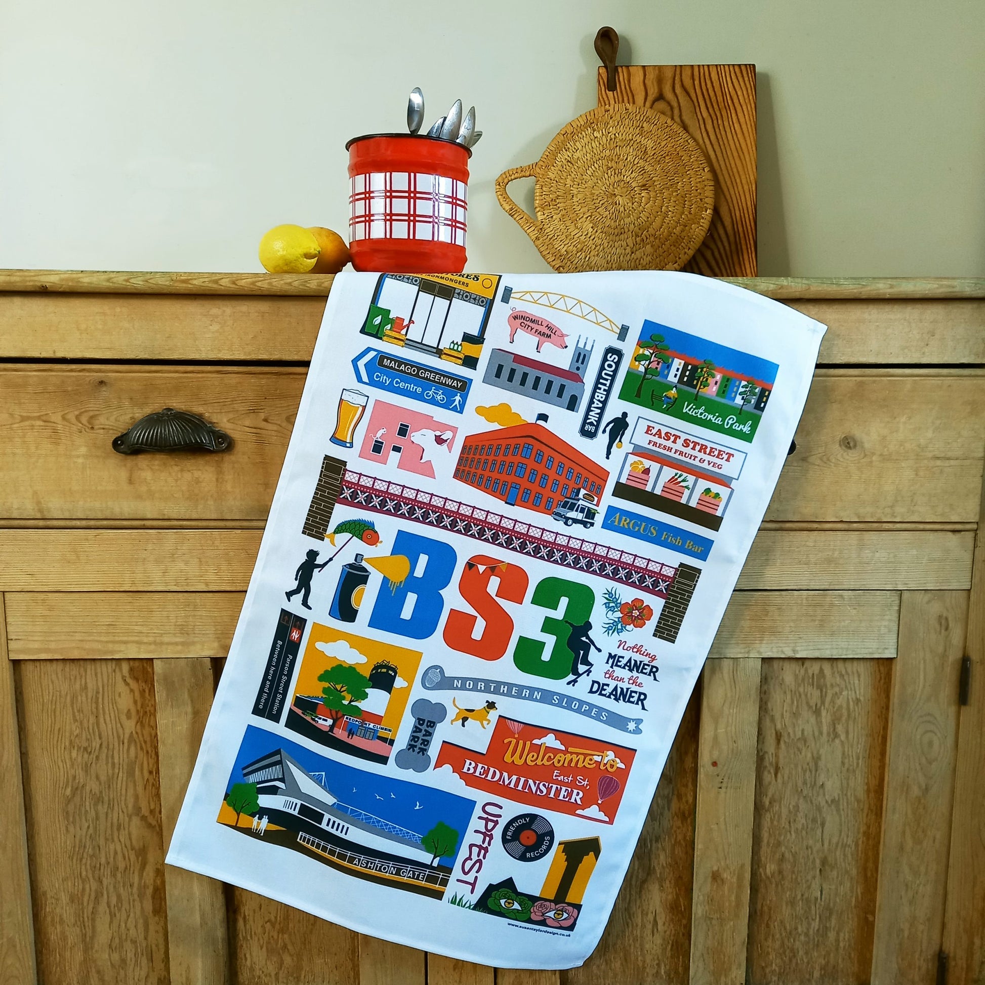 Colourful Tea Towel, featuring well known buildings, parks and venues in BS3 in Bristol, UK.