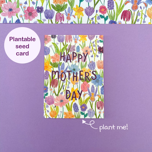 Mothers Day Cards with spring flower illustration covering card and printed on seed embedded paper.