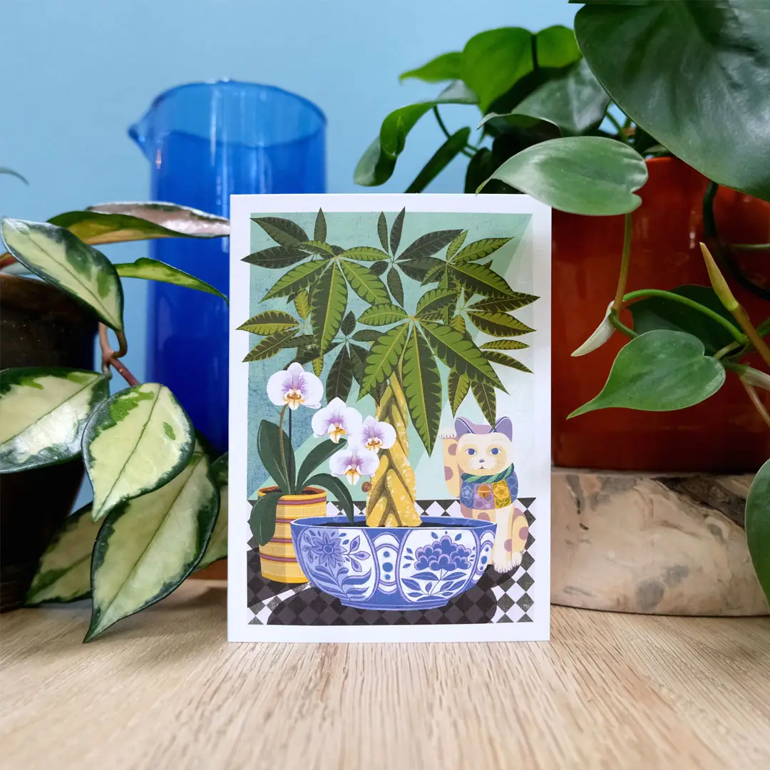 Risography print card with a money tree, orchid and lucky Cat.