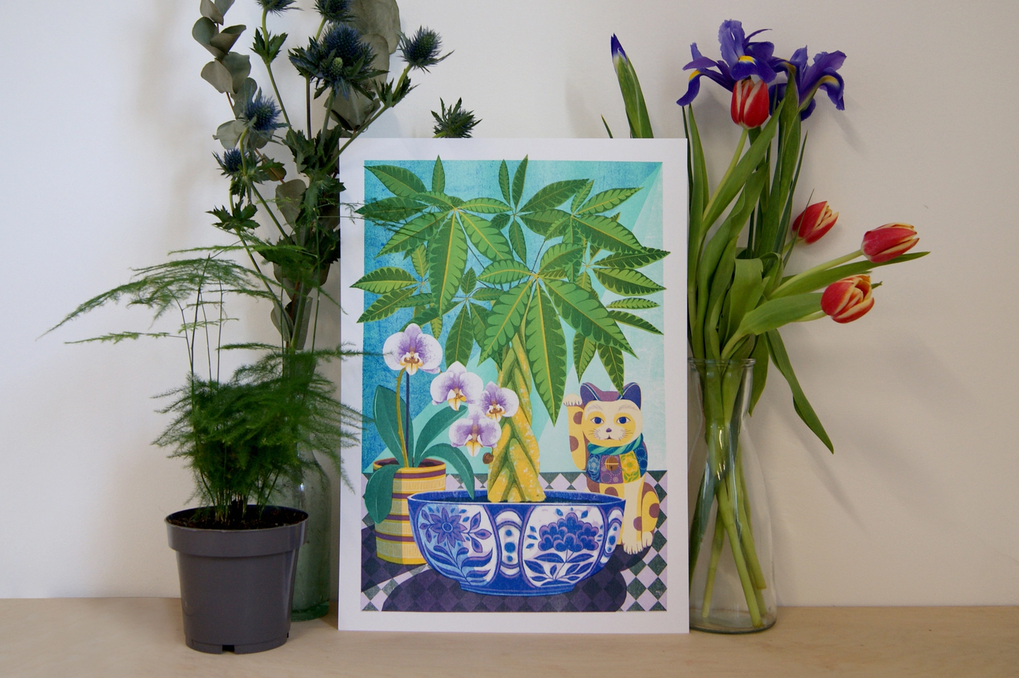 risograph print, with money tree, lucky cat, orchid plant