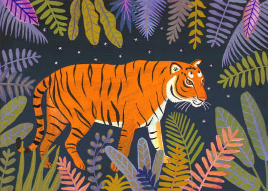 Illustration of a tiger walking through a jungle at night