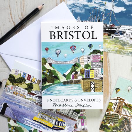 A notecard set titled 'Images of Bristol' by Emmeline Simpson, featuring a scene of the iconic Bristol Suspension Bridge with hot air balloons floating in the sky.