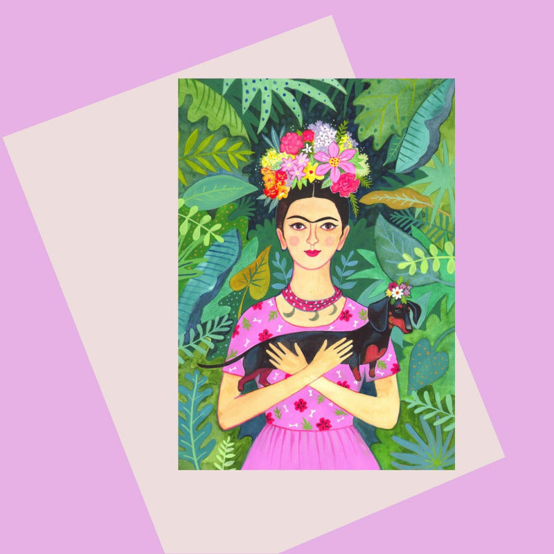 Card with colourful illustration of Frida Kahlo holding a Dachshund
