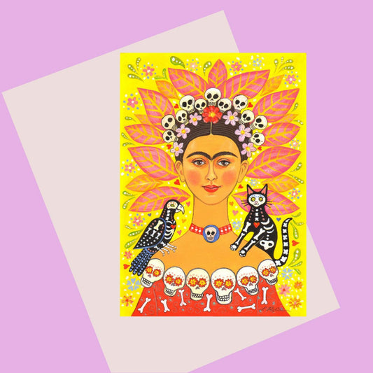 Card with colourful illustration of Frida Kahlo with a Day of the Dead theme