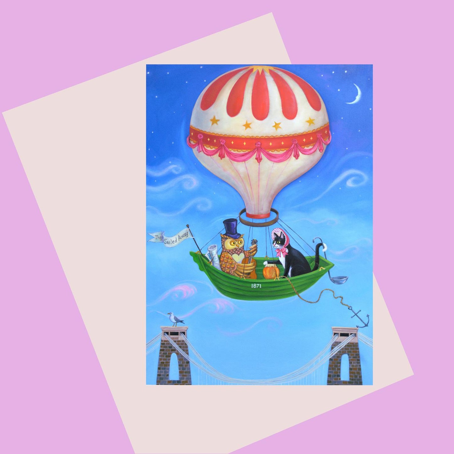 Colour card of the owl and the pussycat in a boat with balloon over Clifton Suspension Bridge
