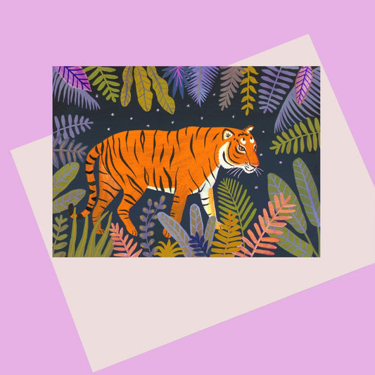 Illustration of a tiger walking through a night time jungle
