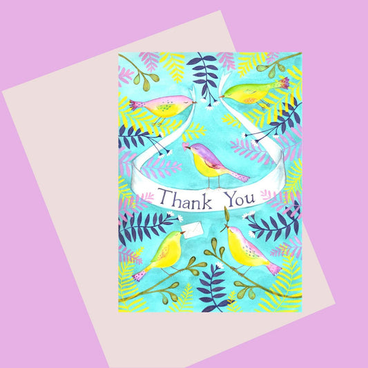 Thank you card with pink and yellow birds illustration