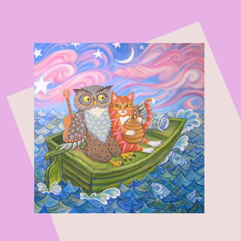 Card with colurful illustration of the owl and the pussycat in their pea green boat