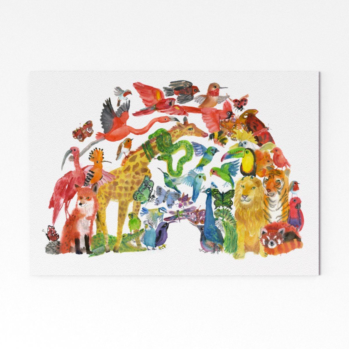 Print with rainbow of colourful animal illustrations