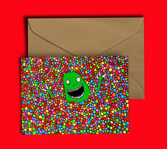 Glass Designs Dixon Does Doodles card with a picture of a dinosaur in a ball pit of skittles 