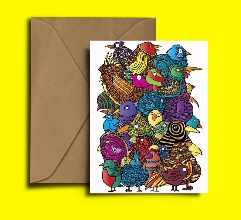 Glass Designs Dixon Does Doodles card with a group of detailed and colourful cartoon birds 