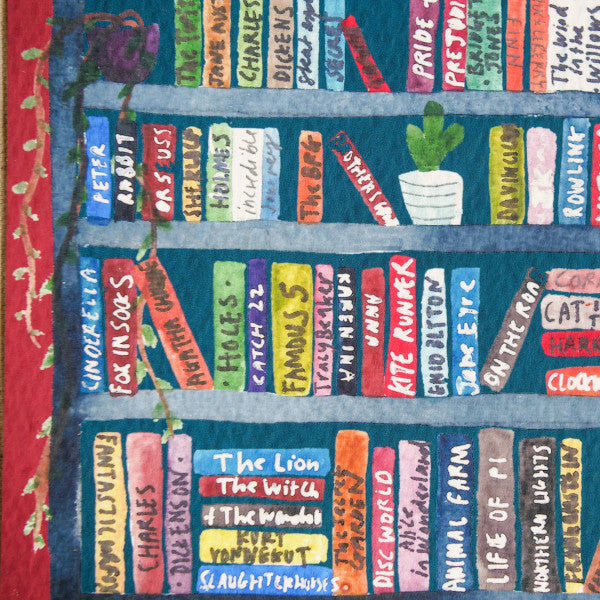 Giclee print on watercolour art paper.  Handmade in Bristol. Shows colourful book shelf of books