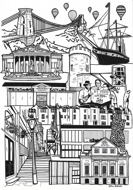 Print of a black and white ink drawing of Bristol Landmarks