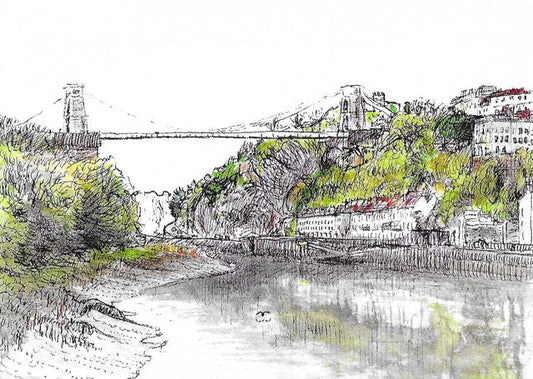 Print of drawing of Clifton Suspension Bridge in black and white with some colour in foliage and housing detail
