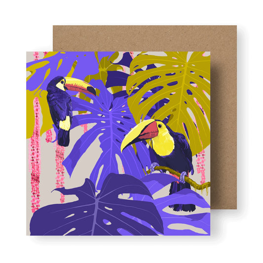 Colourful illustration with hornbill and tropical leaves
