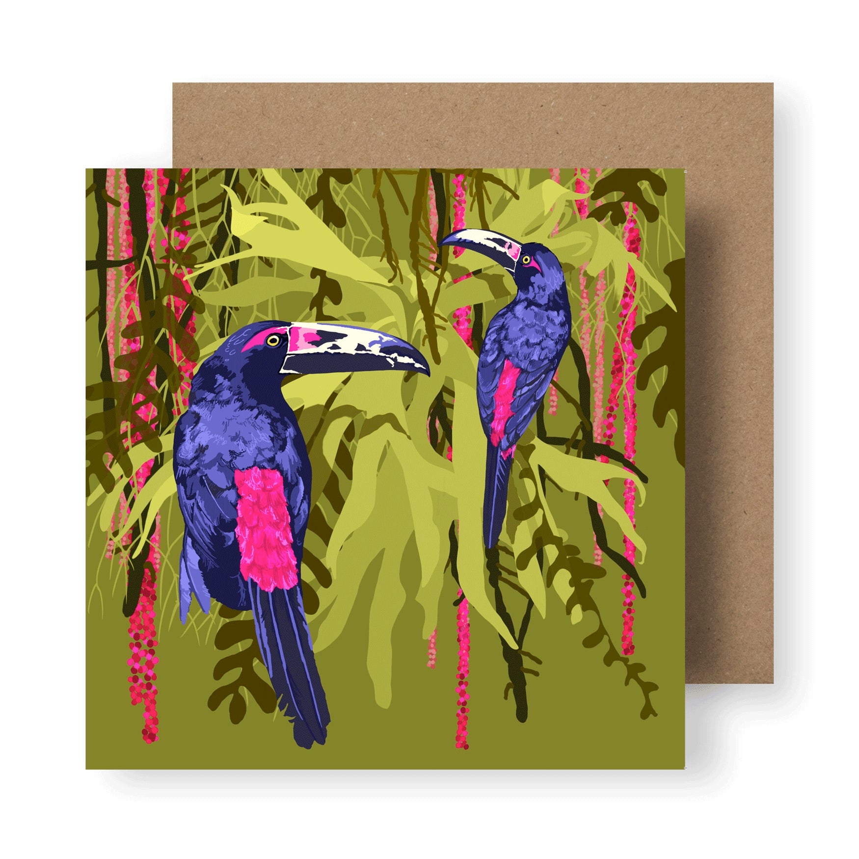 Colourful illustration of two toucans in tropical vegetation
